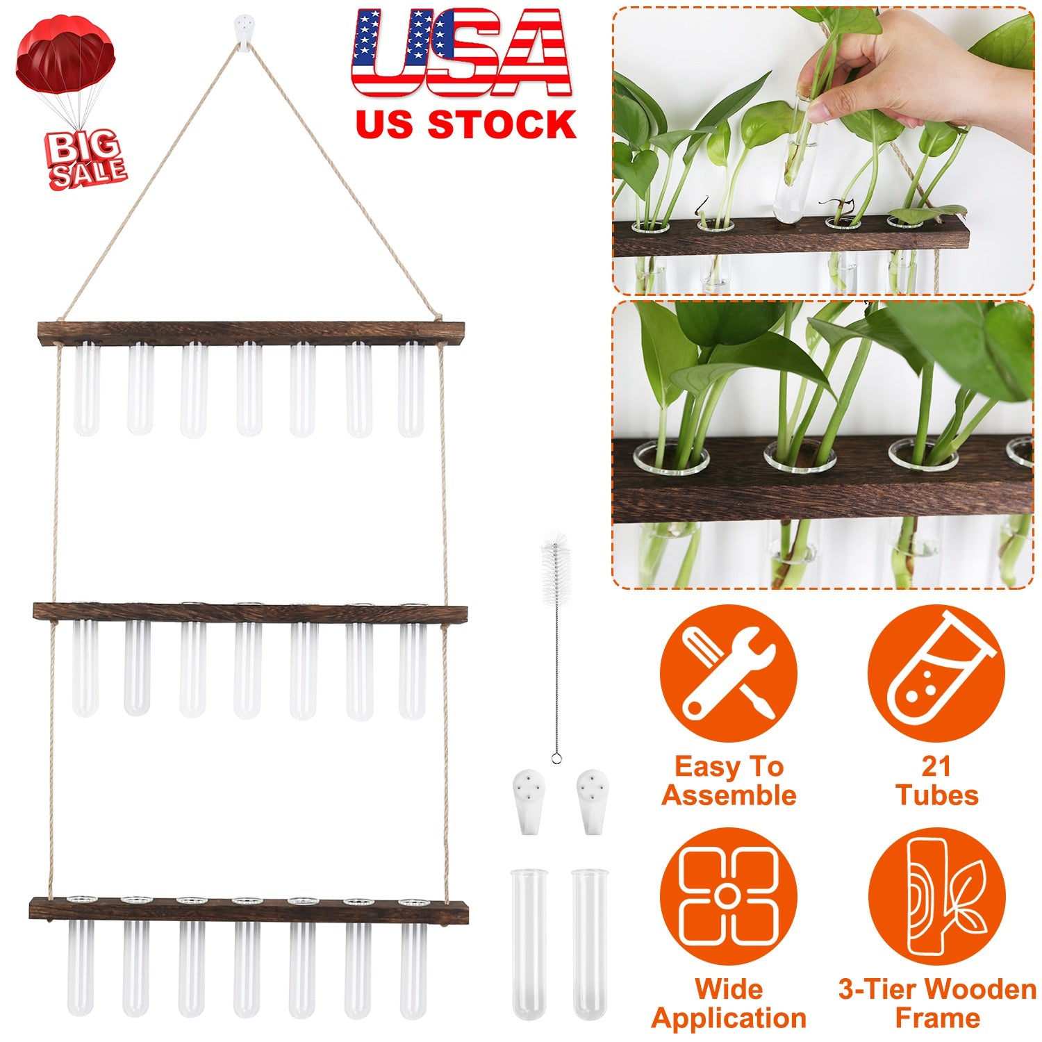 3-Tier Wall Hanging Planter Glass Hydroponic Vase Plant Flower Propagation Tube Planter Terrarium with Wooden Stand 