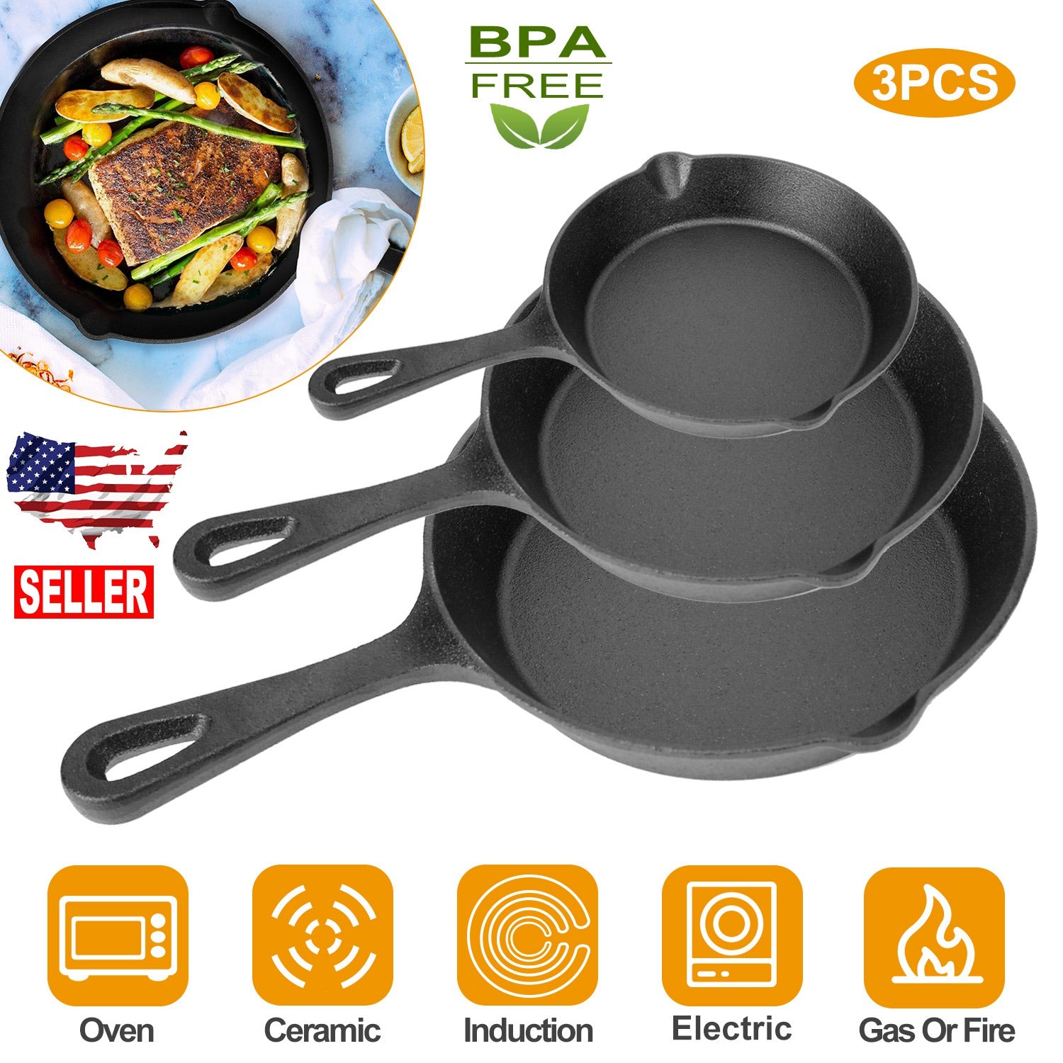 3Pcs Pre-Seasoned Cast Iron Skillet Set 6/8/10in Non-Stick Oven Safe Cookware Heat-Resistant Frying Pan 