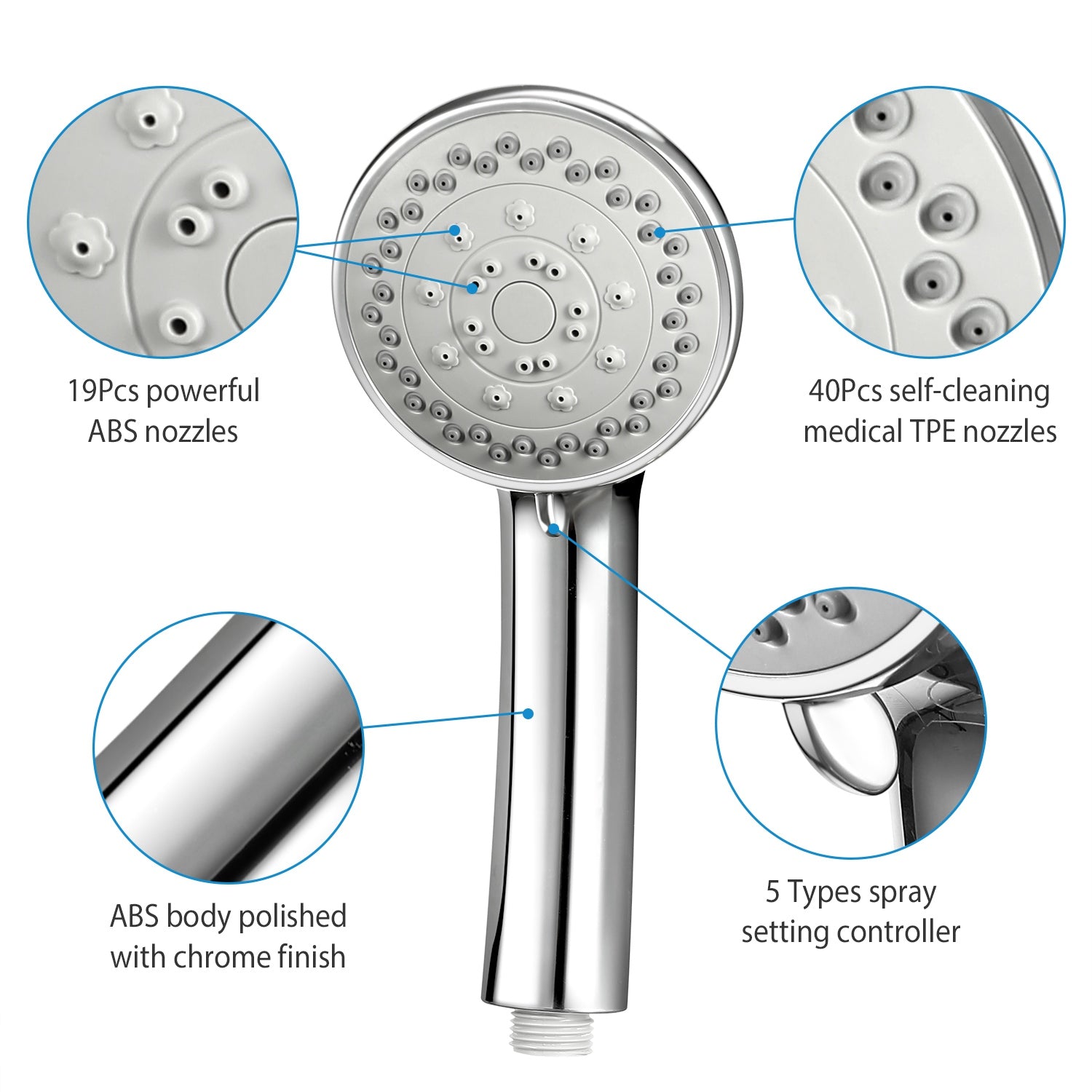 iMounTEK Handheld Shower Head Stainless High Pressure 5 Spray Settings Massage Spa Showerhead Chrome Face with Check Valve 5ft Steel Hose Adjustable A