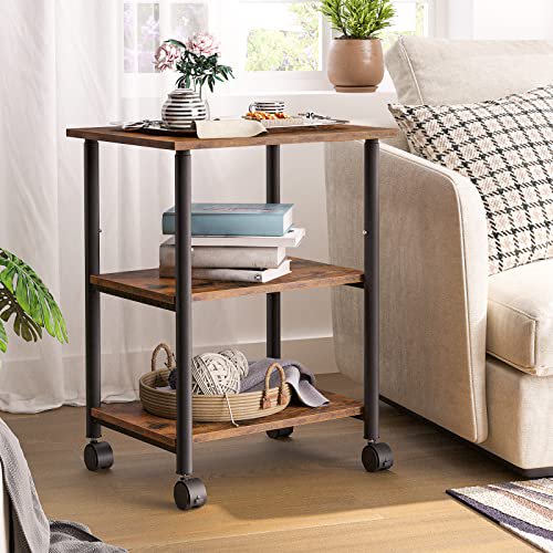 HOOBRO 3-Tier Adjustable Printer Stand with Wheels, Mobile Printer Cart and Office Storage Shelf, Rustic Brown & Black