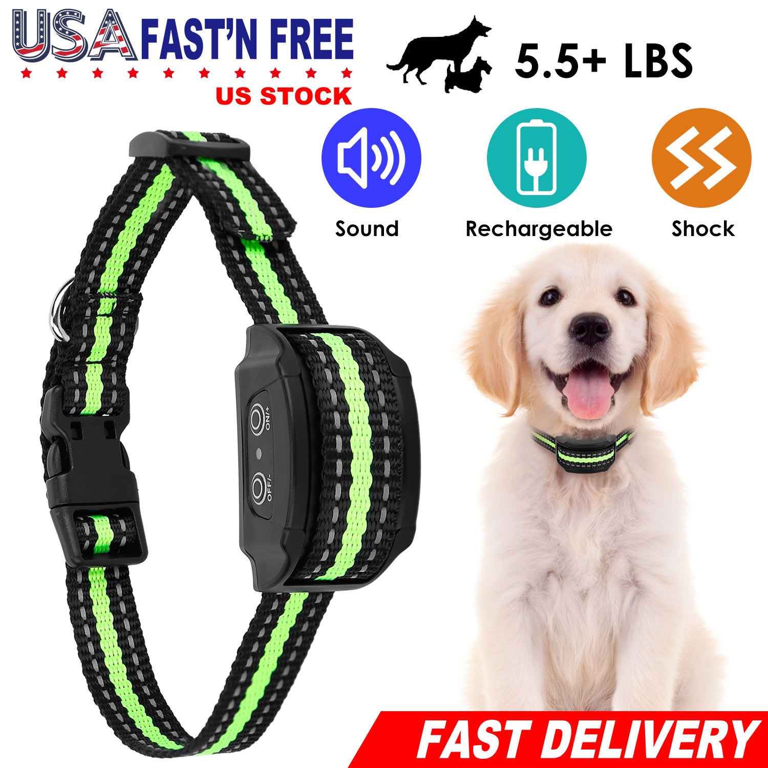 Anti-Bark Dog Collar IP67 Waterproof Beep Electric Shock Rechargeable Pet Training Device w/ 7 Adjustable Sensitivity 