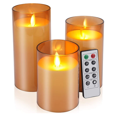 3Packs Flameless Candles Battery Operated Pillar Real Wax LED Glass Candle Warm White with Remote Control Timer 