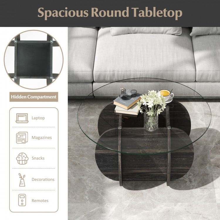 35" Round Coffee Table Unique Circle Center Table with Tempered Glass Top and Solid Wood Base-Black