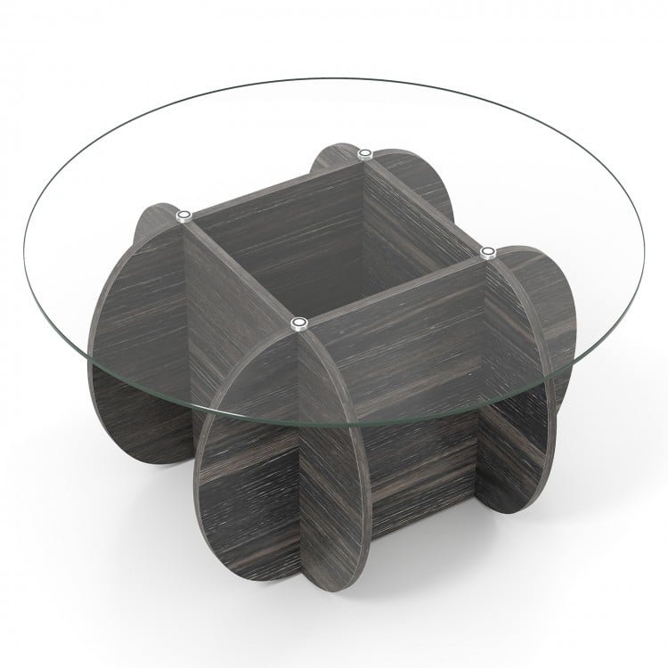 35" Round Coffee Table Unique Circle Center Table with Tempered Glass Top and Solid Wood Base-Black