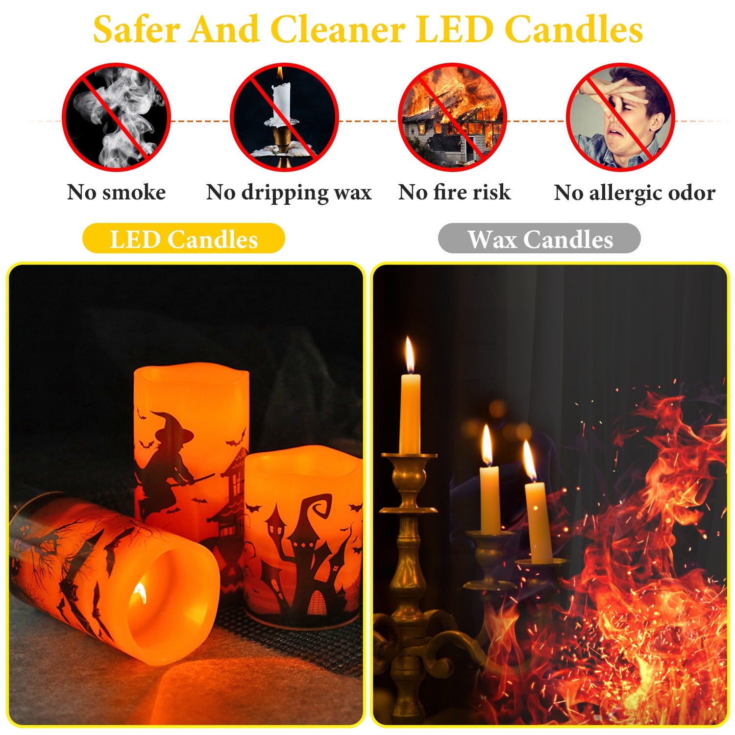 3 Pack Halloween Flameless Candle Lamp with Timer Setting Battery Operated Warm Orange Light Candles for Halloween Party Decoration Witch Bat Castle