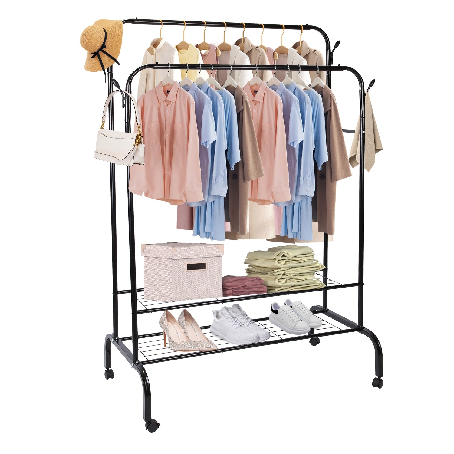 Garment Hanging Rack Clothing Hanging Rail Pillow Shoe Display Organizer Clothes Organizer Stand with 2 Rails 2 Shelves 4 Rolling Wheels 4 Hooks 