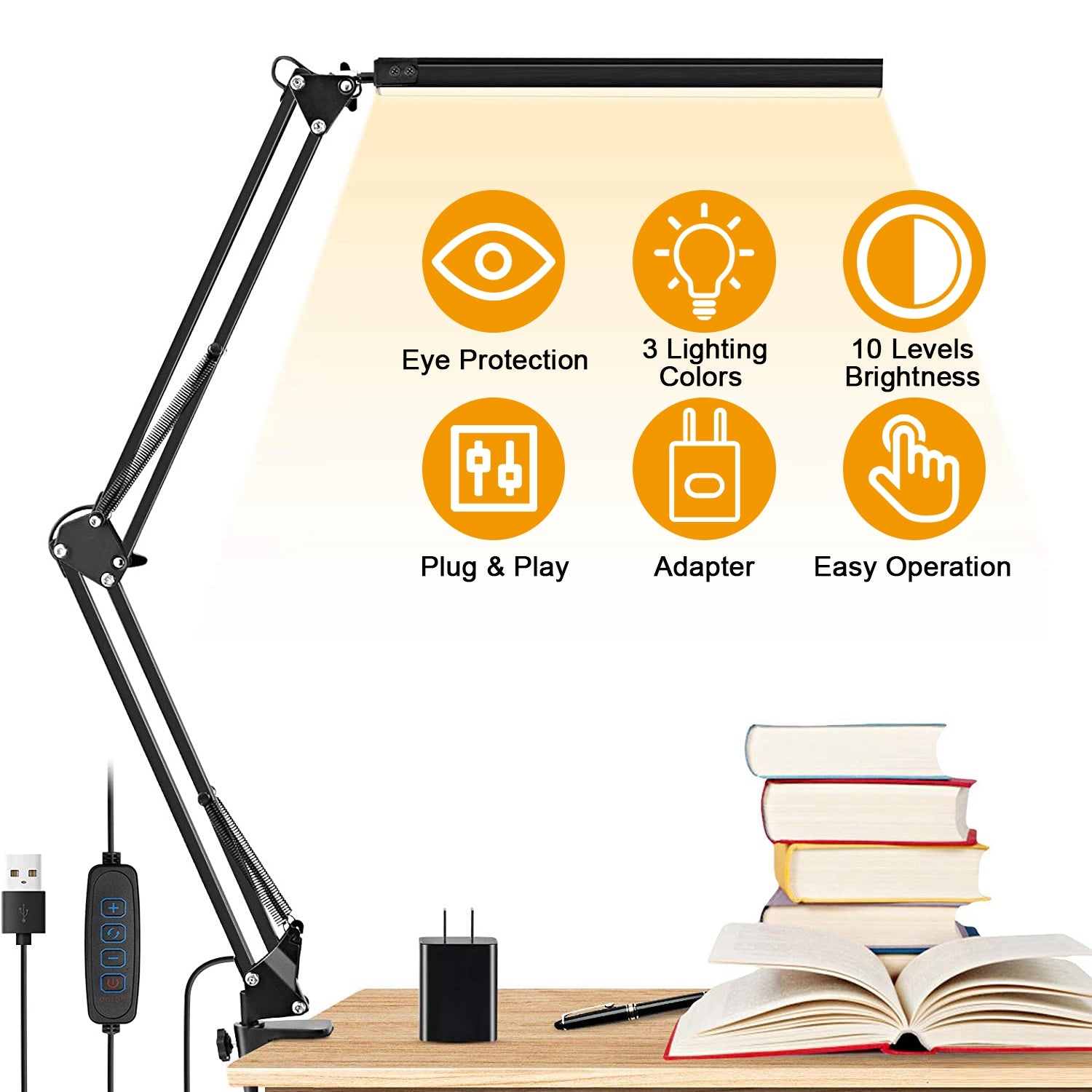 LED Reading Desk Lamp with Clamp Adjustable Swing Arm 3 Modes 10 Brightness Table Light 360 Degree Rotation Lighting Head for Home Office