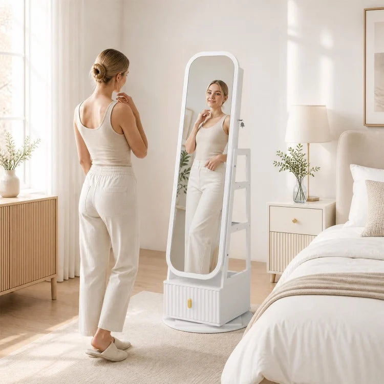 360° Swivel Jewelry Cabinet with Full-Length Mirror, LED Makeup Mirror & Storage – White