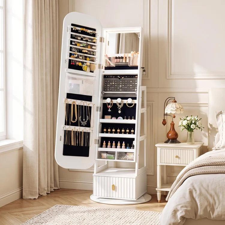 360° Swivel Jewelry Cabinet with Full-Length Mirror, LED Makeup Mirror & Storage – White