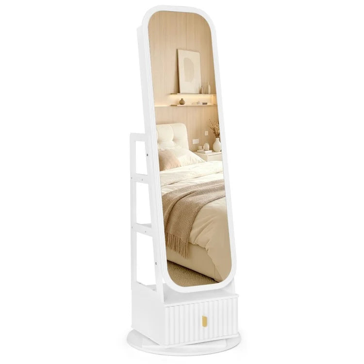 360° Swivel Jewelry Cabinet with Full-Length Mirror, LED Makeup Mirror & Storage – White