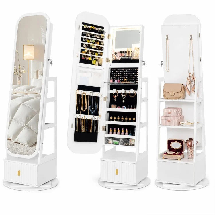 360° Swivel Jewelry Cabinet with Full-Length Mirror, LED Makeup Mirror & Storage – White
