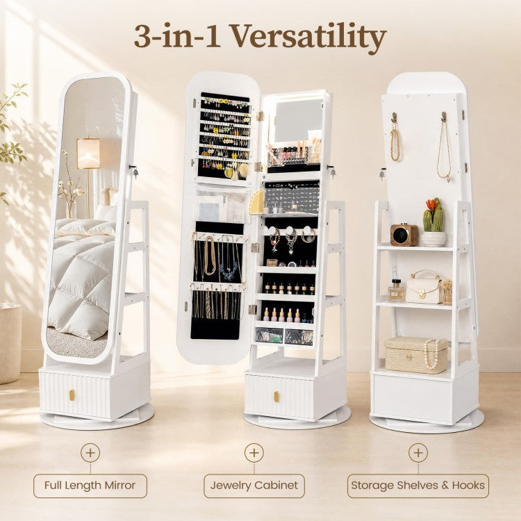 360° Swivel Jewelry Cabinet with Full-Length Mirror, LED Makeup Mirror & Storage – White