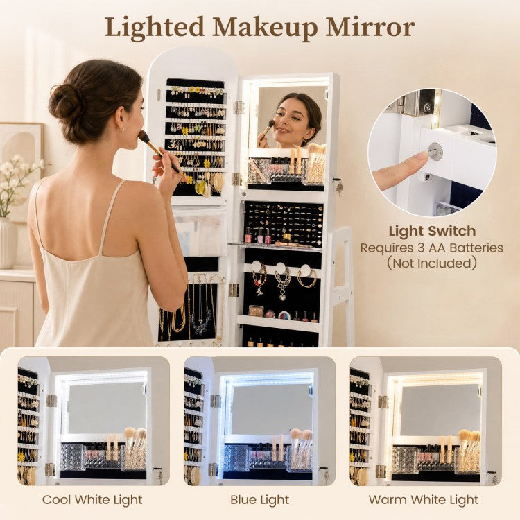 360° Swivel Jewelry Cabinet with Full-Length Mirror, LED Makeup Mirror & Storage – White