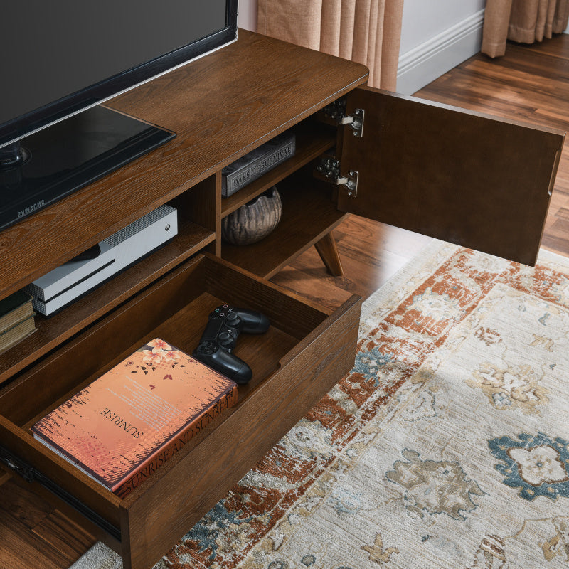 Mid Century Modern Fluted TV Stand for 65-Inch TVs - Farmhouse Media Console with 2 Doors & 1 Drawer, Solid Leg Design, Durable Non-Wood Construction, Space-Saving Storage Entertainment Center for Living Room, Apartment, Offi 