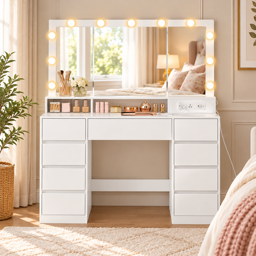 Vanity Desk with Tri-Fold Mirror, 9 Drawers, LED Lighting & Built-In Power Strip – White