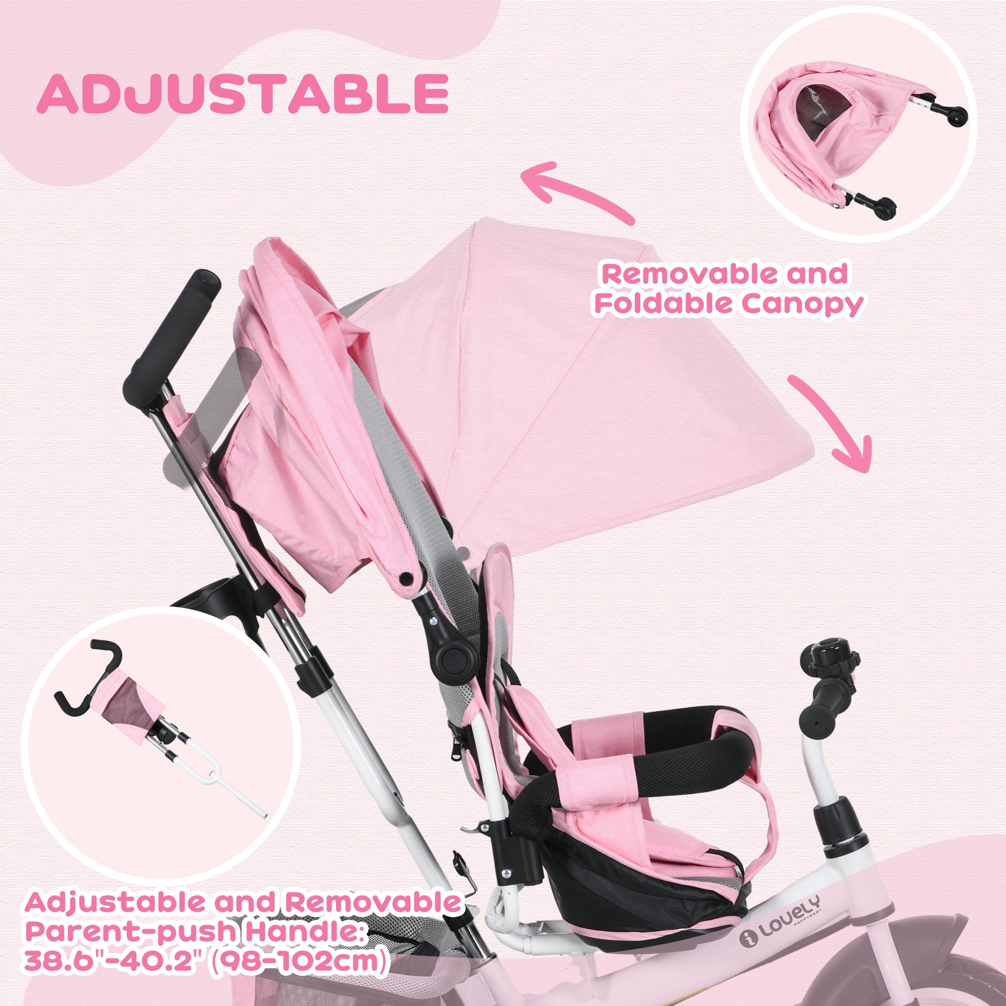 Qaba Convertible 4-in-1 Toddler Tricycle with Parent Handle for Kids 1-5 Years Outdoor Play Pink 
