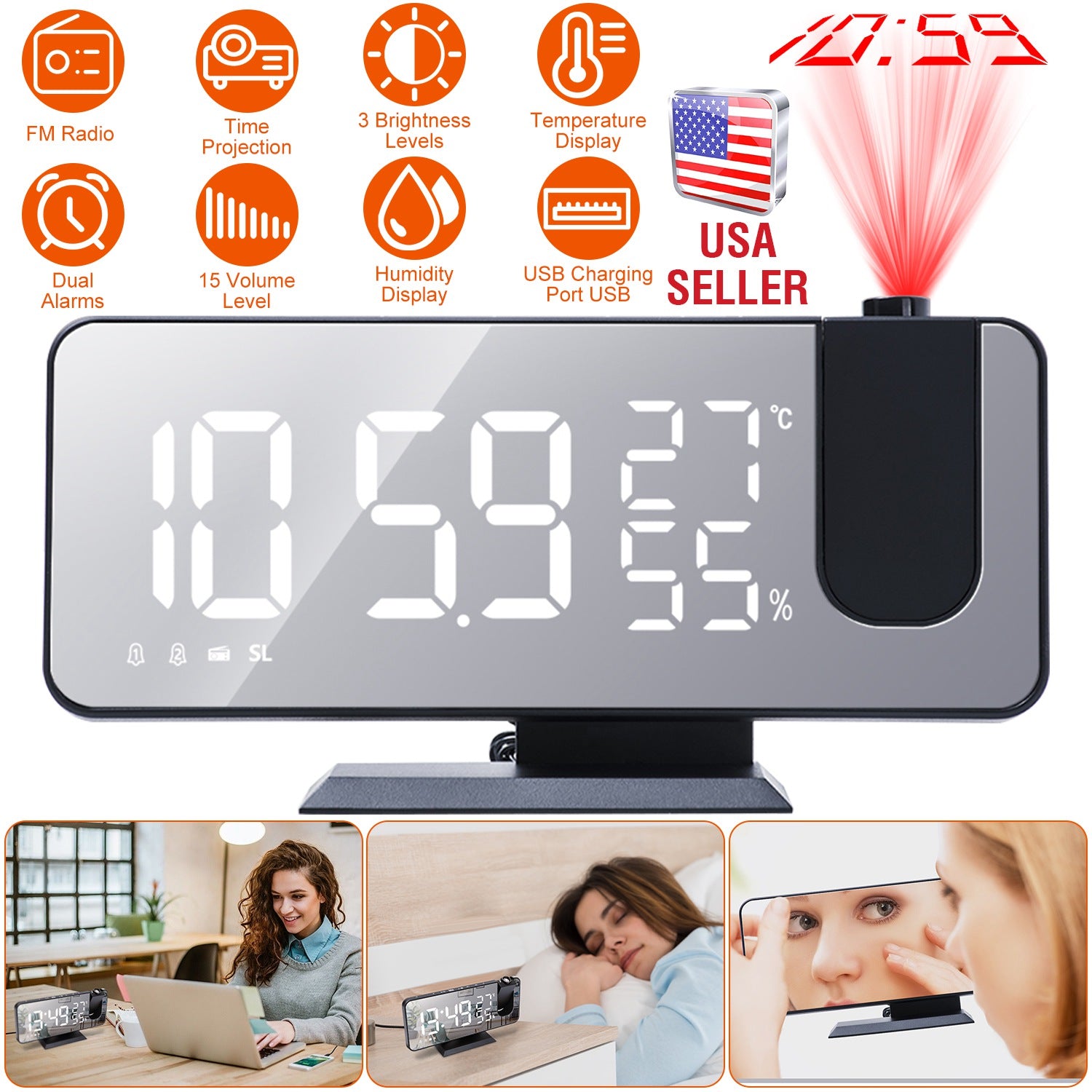 Projection Alarm Clock with Radio Function 7.5In Mirror LED Digital Alarm Clock w/ Dual Alarms 4 Dimmer 12/24 Hour USB Port