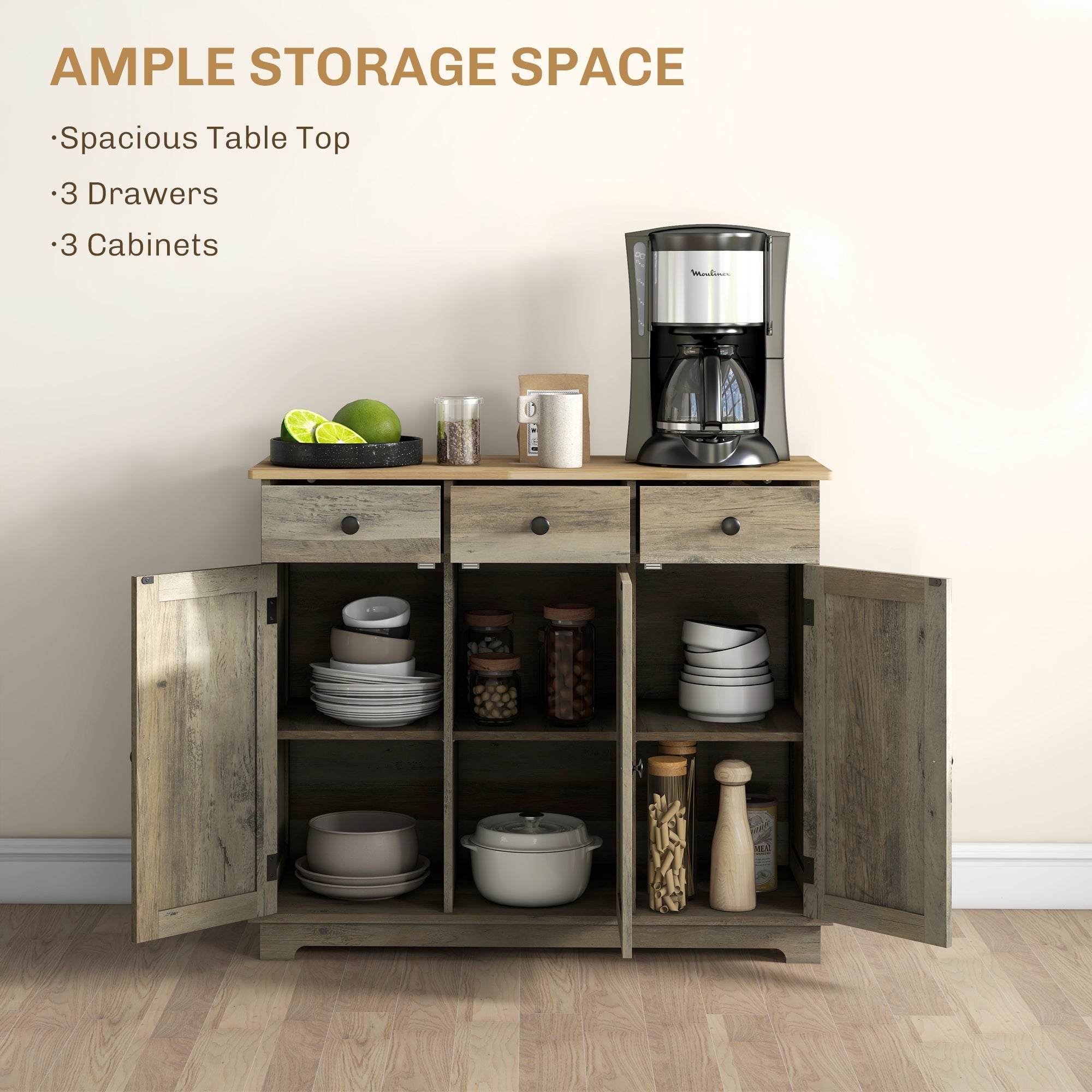 HOMCOM Modern Sideboard, Buffet Cabinet with Storage Cabinets, Drawers and Adjustable Shelves for Living Room, Washed Grey 