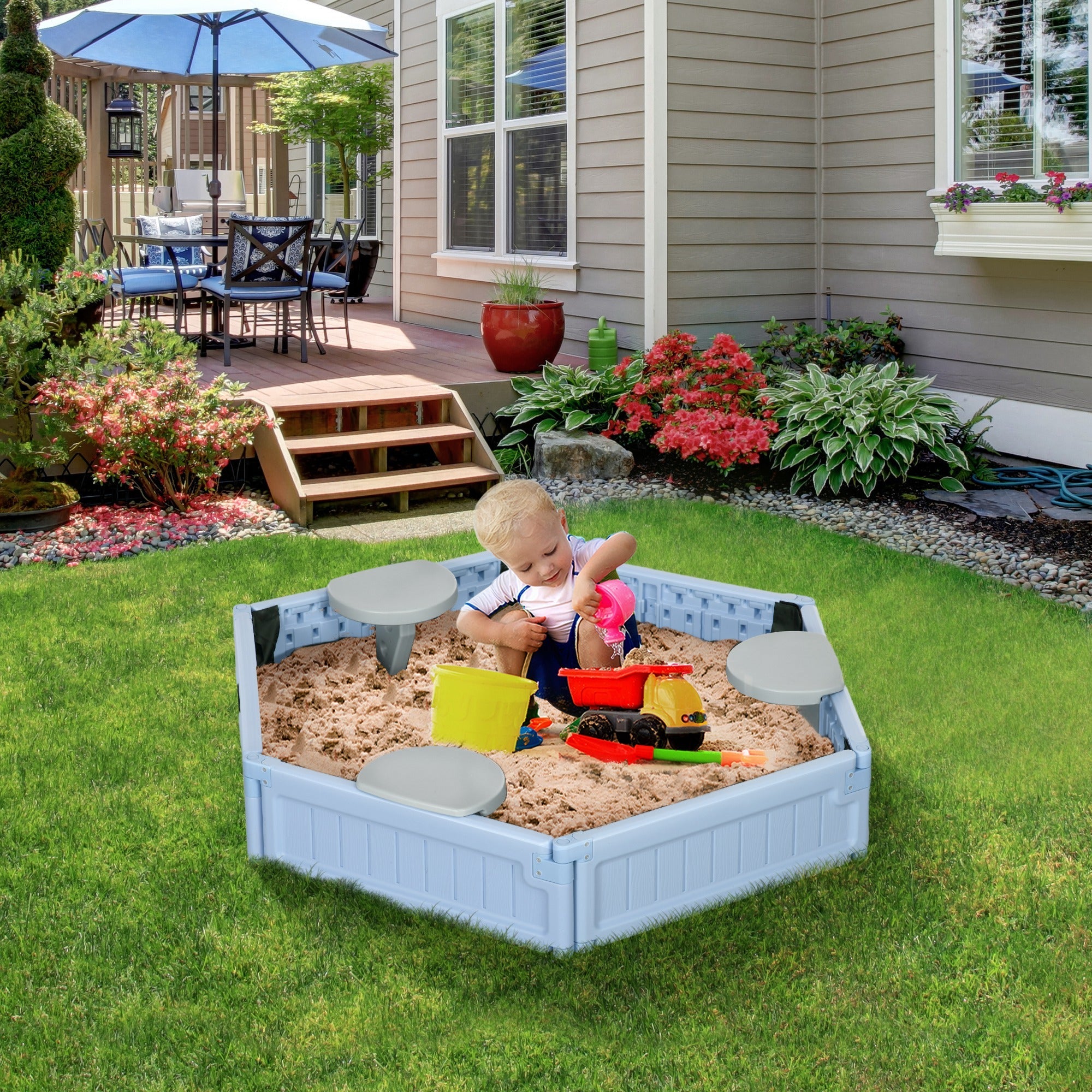 Outsunny Sandbox with Cover for Kids 3 Seats Bottom Liner Light Blue 3-12 Years Old 