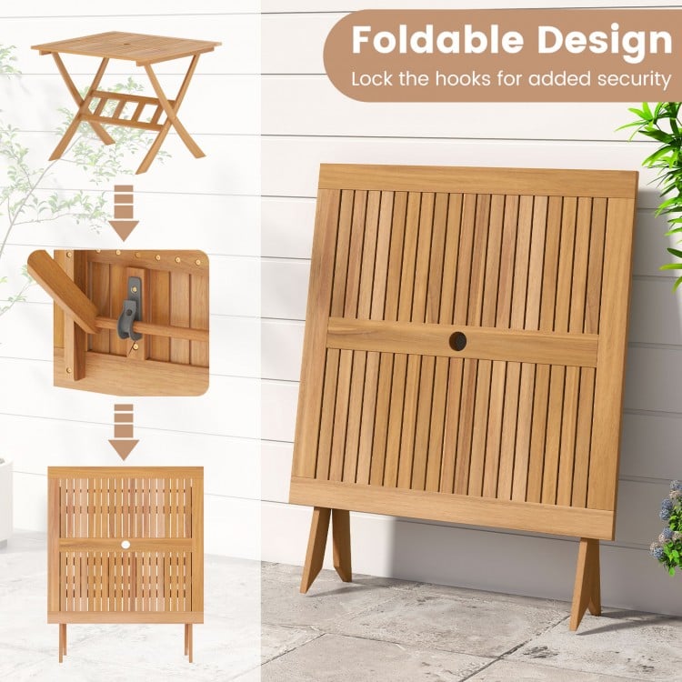 36-Inch Acacia Wood Folding Patio Dining Table with Umbrella Hole for 4 People