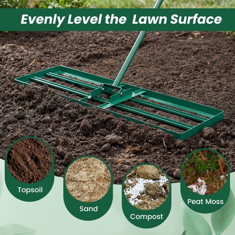 36 x 10 Inch Lawn Leveling Rake with Ergonomic Handle-Green
