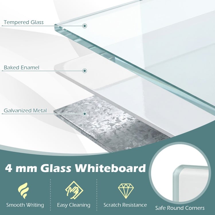 36 x 24 Inches Glass Whiteboard with Eraser and Removable Tray