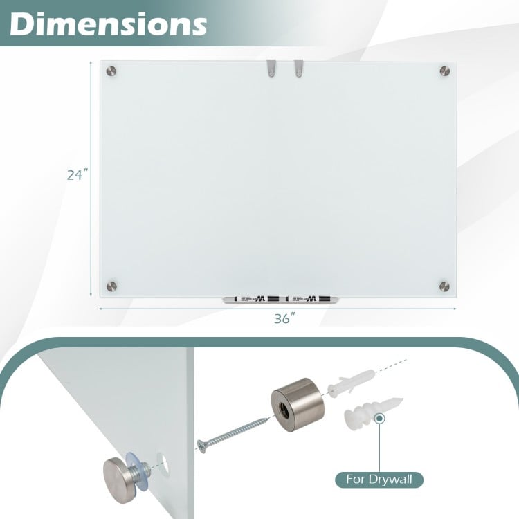 36 x 24 Inches Glass Whiteboard with Eraser and Removable Tray