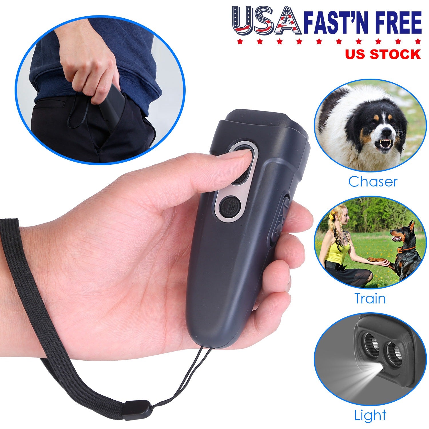 Ultrasonic Anti Barking Device Rechargeable Handheld Dog Barking Deterrent with 4 Modes LED Flashlight Dog Repeller 