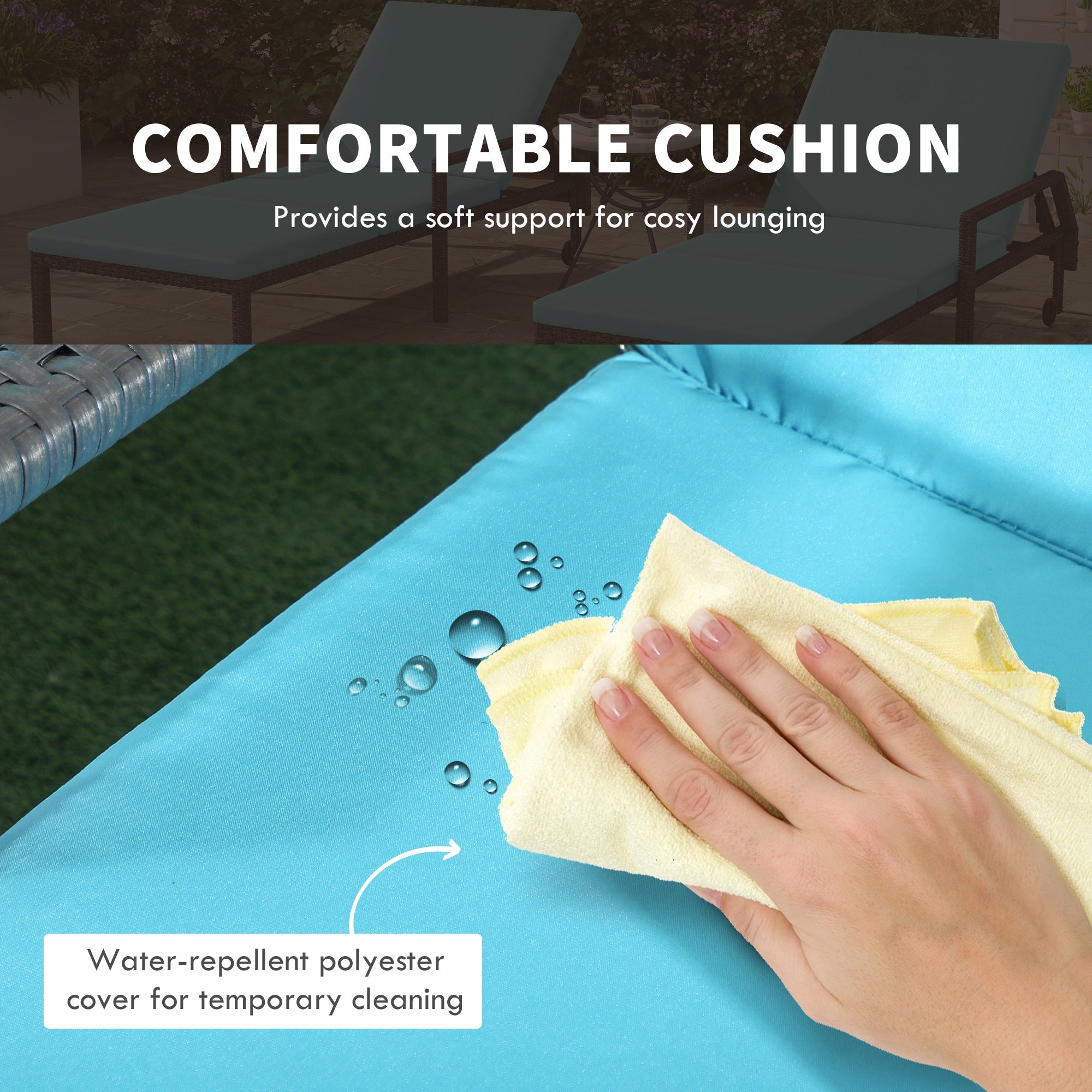 Outsunny 2 PCS PE Rattan Lounge Chairs Outdoor with Adjustable Backrest Wheels Steel Frame Recliner Sky Blue 