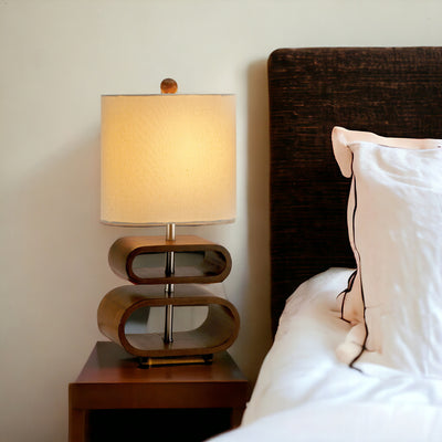 19" Brown Retro Ovals Wood Bedside Lamp With Natural Shade 