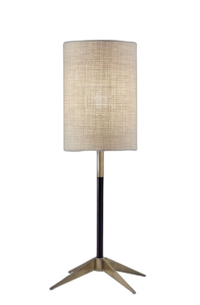 Antique Brass Metal Tripod Base With Matte Black Accent And Tall Natural Fabric Shade Table Lamp 