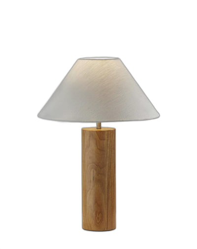 26" Natural Solid Wood Cylinder Table Lamp With White Cone Shade 