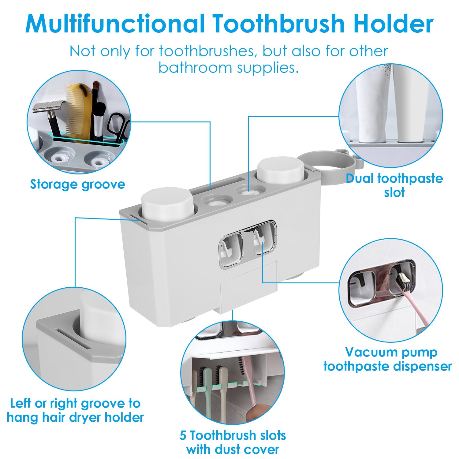 Multifunctional Wall Mount Toothbrush Holder Rack Organizer Automatic Toothpaste Dispenser Squeezer with Magnetic Cups 5 Toothbrush Slots Hair Dryer H