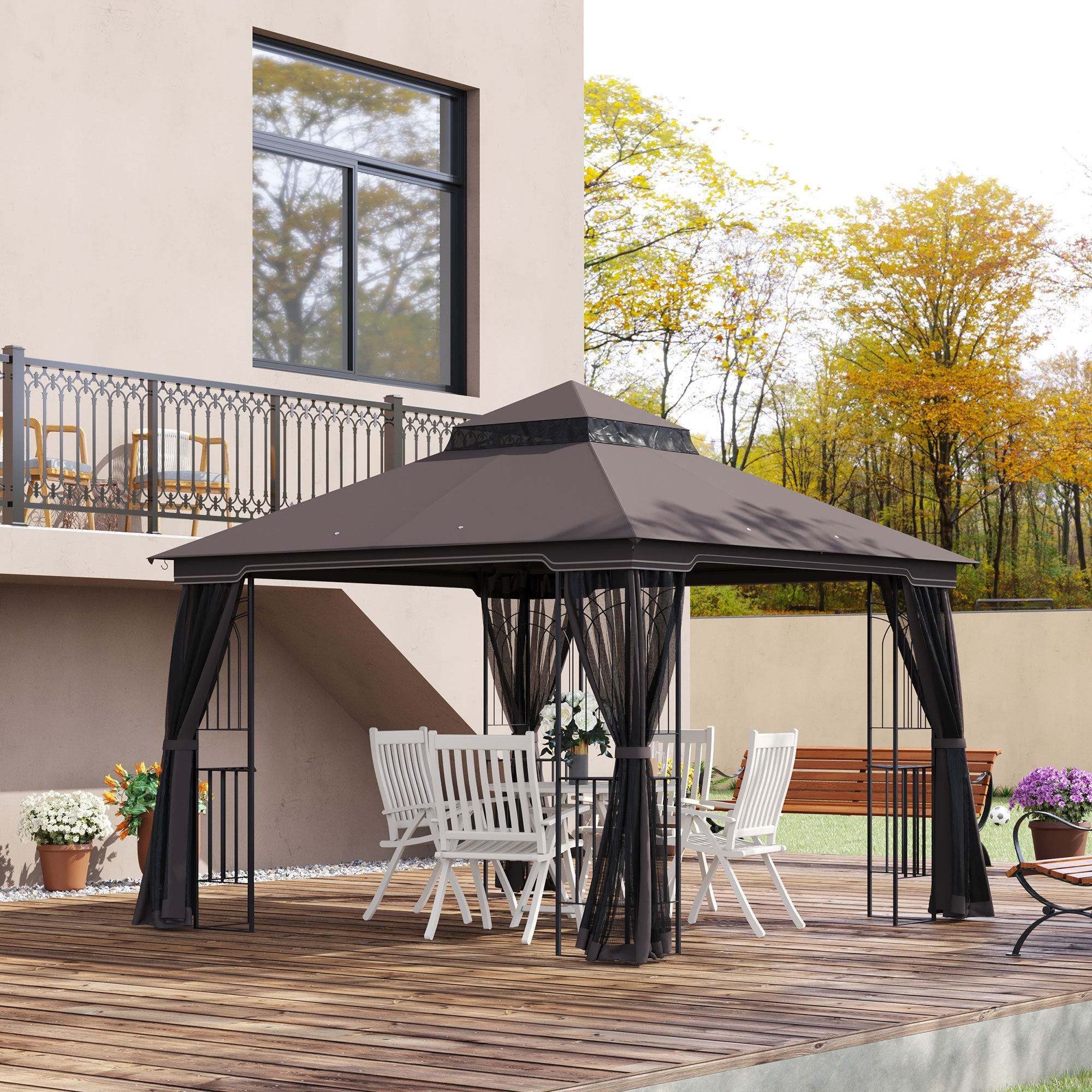 Outsunny 10'x10' Soft-top Patio Gazebo Deck Canopywith Double Tier Roof, Removable Mesh Curtains, Display Shelves, Top Hooks, Coffee 