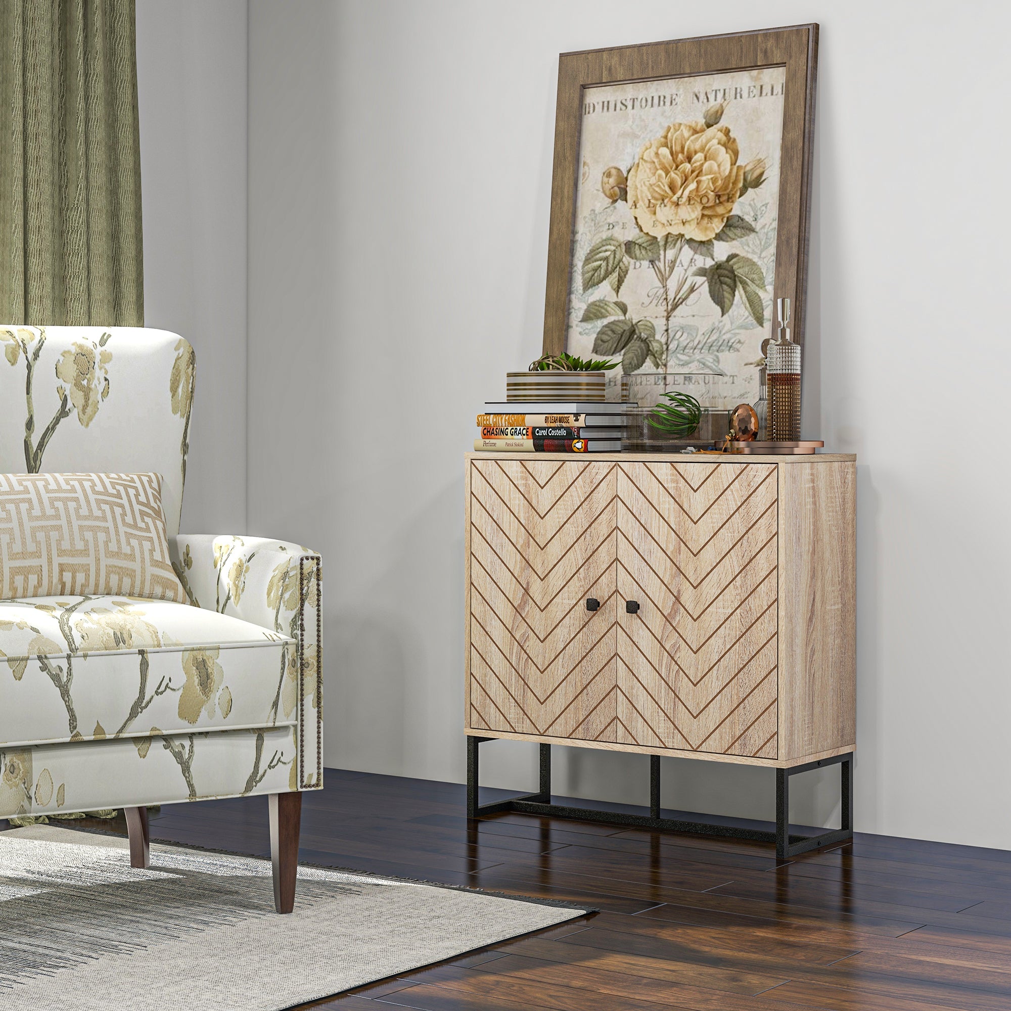 HOMCOM Mid-Century Sideboard: Storage Cabinet with Dining Buffet Table, Adjustable Shelf, Metal Base, Natural Finish 