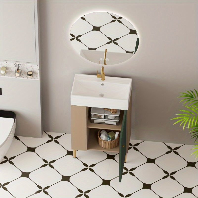Contemporary Green Bathroom Vanity with Ceramic Sink & Soft-Closing Doors - Open Shelf Storage Cabinet on Left Side, 21.6" Wide, Assembly Required, Bathroom Decor And Accessories 