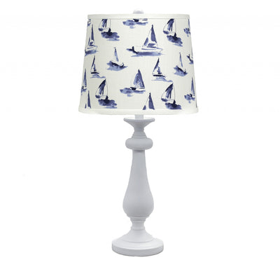 27" White Metal Bedside Table Lamp Set With White And Blue Tapered Drum Shade 