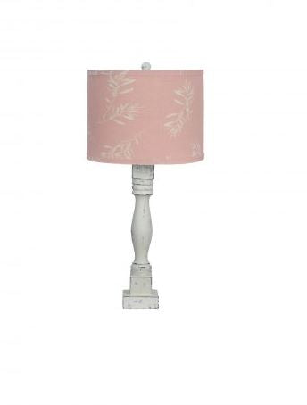 Distressed White Table Lamp With Olive Branch Pink Shade 