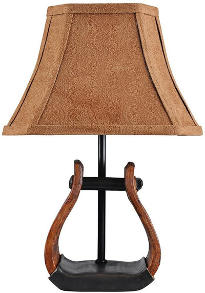 13" Brown and Black Horse Stirrup Accent Lamp With Faux Suede Brown Shade 
