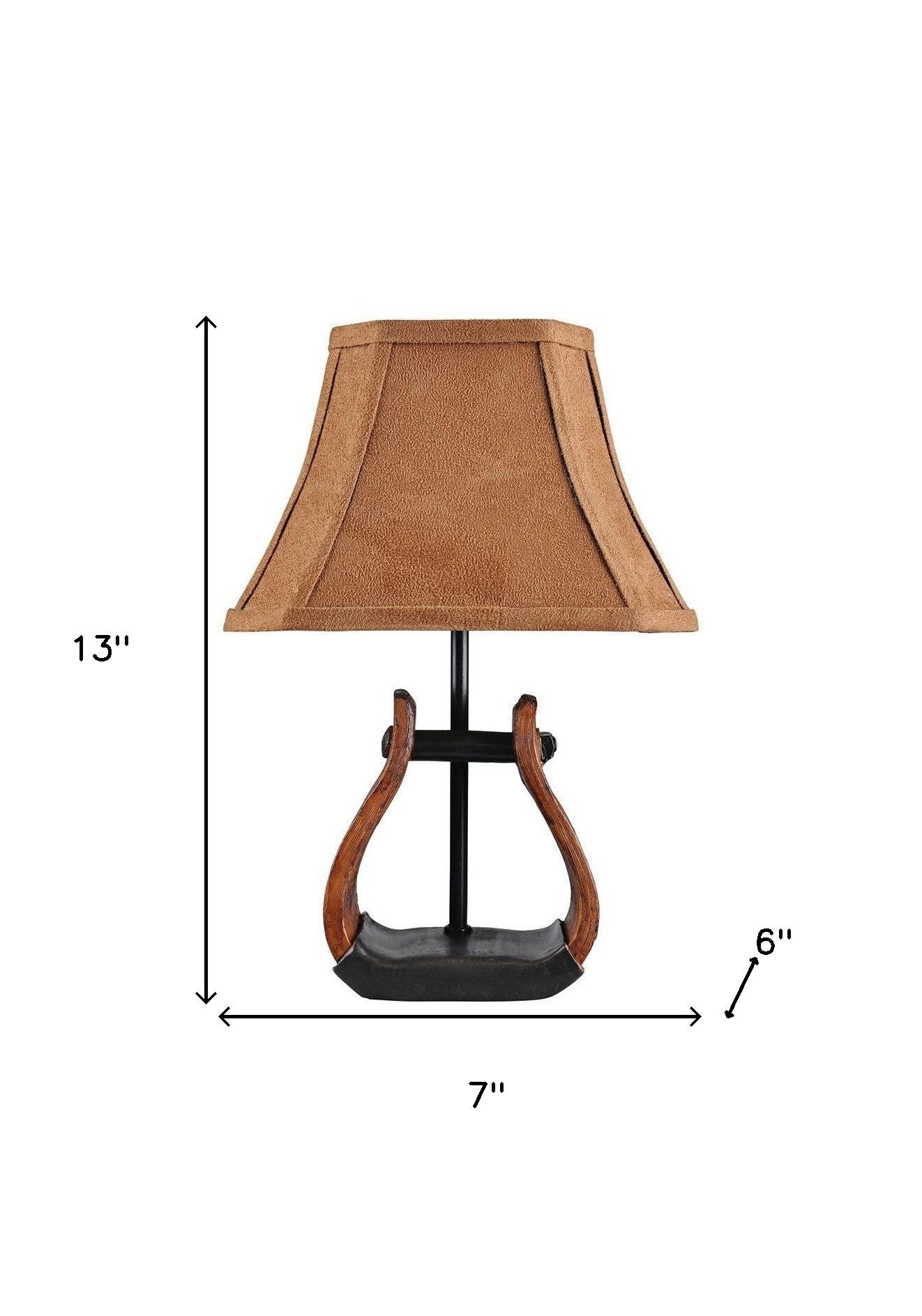 13" Brown and Black Horse Stirrup Accent Lamp With Faux Suede Brown Shade