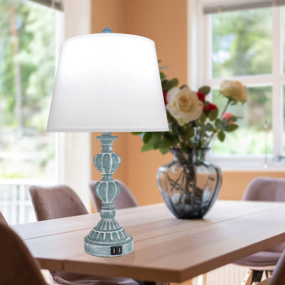 Coastal Farmhouse Table Lamp Set – 3-Way Dimmable Touch Control with Dual USB Ports, Blue Washed White Finish – Perfect for Nightstands or Living Rooms (Set of 2) 