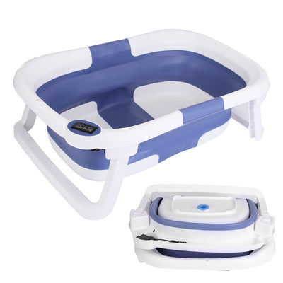 Baby Bath Tub with Thermometer Collapsible Travel-Friendly 0-24Months Baby Bathtub with Drain Hole For Newborn Infant Toddler Odorless Non-Toxic Folda 