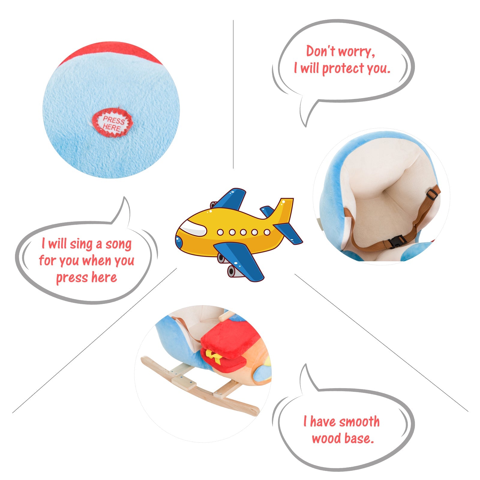 Qaba Kids Wooden Plush Ride-On Rocking Plane Chair Toy for Toddler Boy&Girl with Nursery Rhyme 