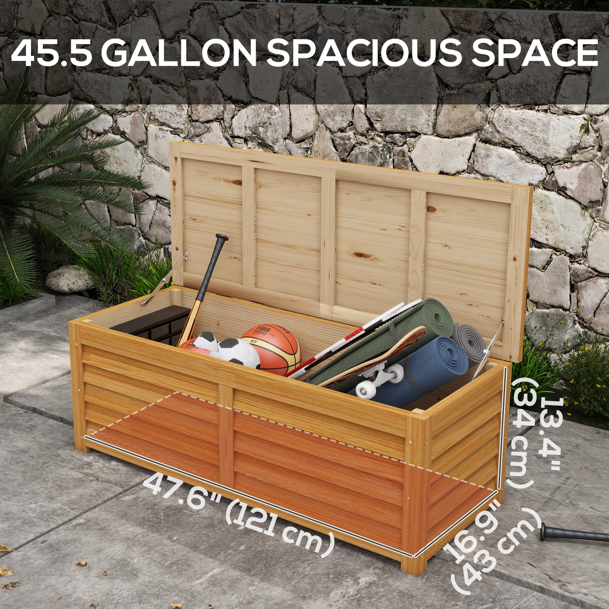 Outsunny 176L Outdoor Storage Box, Wooden Deck Storage Container with 2 Safety Hinges for Balcony, Porch, Poolside, Light Brown 