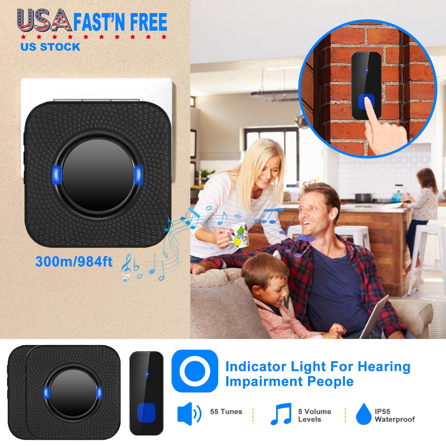 Wireless Doorbells Bells IP55 Waterproof 984ft Cordless Doorbell Chimes 55 Chimes W/ 2 Plug Receivers for Office Apartment House