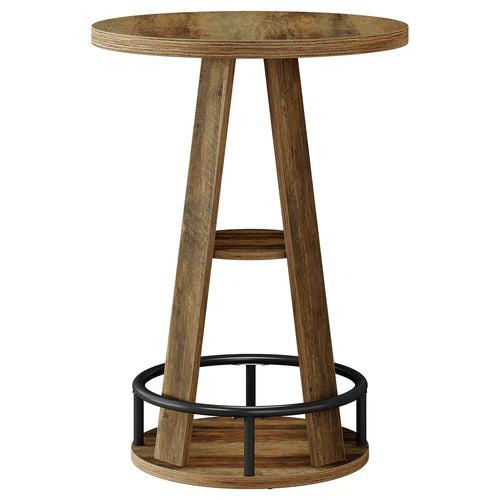 Bar Table 39.4" 3-Tier High Top Bistro Cocktail Pub Table with Metal Footrest and Storage Shelves Rustic Brown
