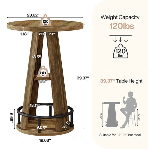Bar Table 39.4" 3-Tier High Top Bistro Cocktail Pub Table with Metal Footrest and Storage Shelves Rustic Brown