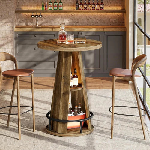 Bar Table 39.4" 3-Tier High Top Bistro Cocktail Pub Table with Metal Footrest and Storage Shelves Rustic Brown