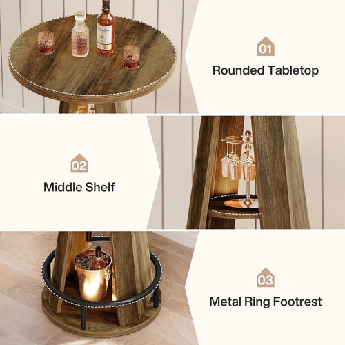 Bar Table 39.4" 3-Tier High Top Bistro Cocktail Pub Table with Metal Footrest and Storage Shelves Rustic Brown