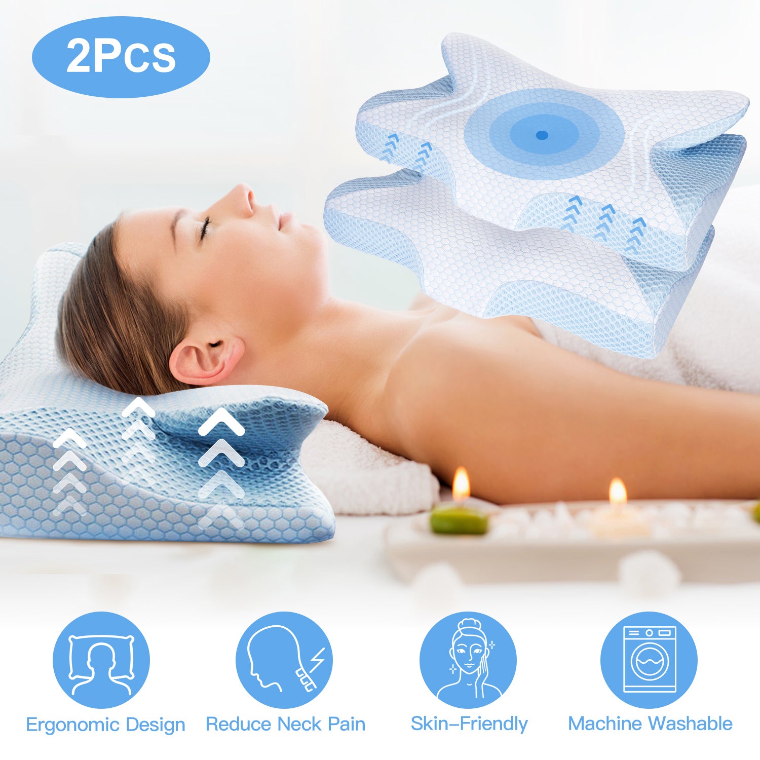 2Pcs Memory Foam Pillow Neck Support Pillow for Pain Relief Sleeping Ergonomic Contour Orthopedic Support Side Back Stomach Sleeper